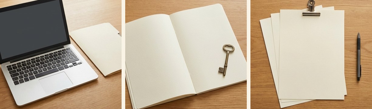 AI-generated editorial illustration: laptop and closed cream folder.