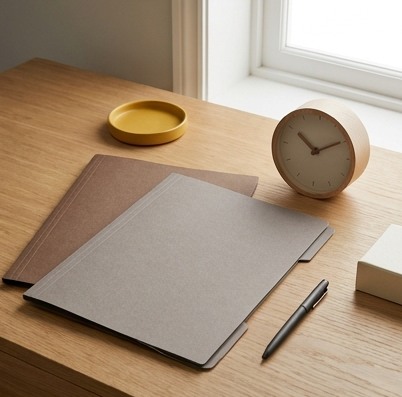AI-generated editorial illustration: document folders, pen and small clock.