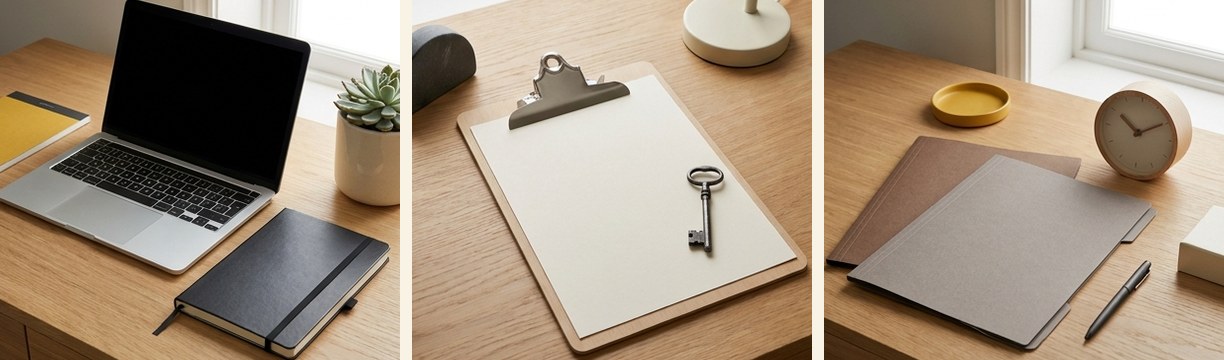 AI-generated editorial illustration: laptop and closed charcoal notebook.
