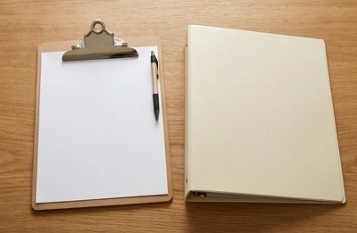 AI-generated editorial illustration: blank clipboard, pen and closed binder.