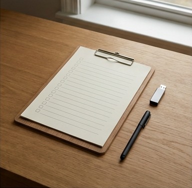 AI-generated editorial illustration: blank checklist clipboard, usb drive and pen.