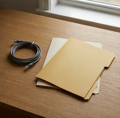 AI-generated editorial illustration: network cable and handover folders.