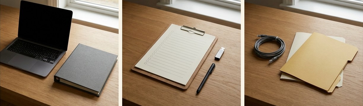 AI-generated editorial illustration: laptop and closed project binder.